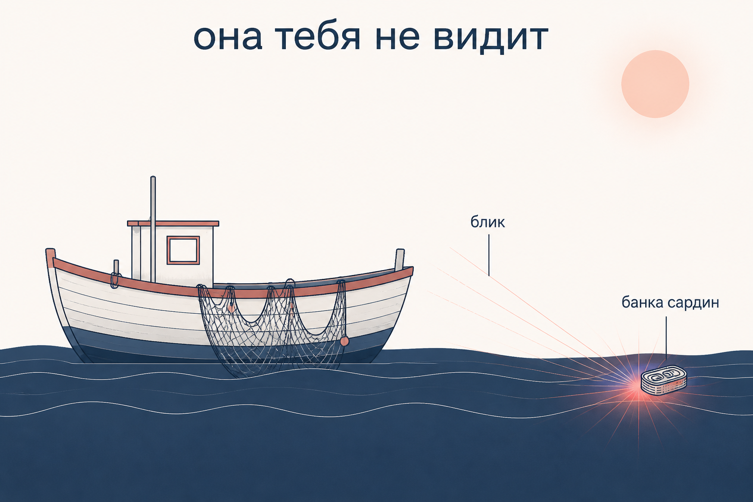 Лодка на спокойном море и блестящая на солнце банка сардин: блик словно смотрит на того, кто в лодке