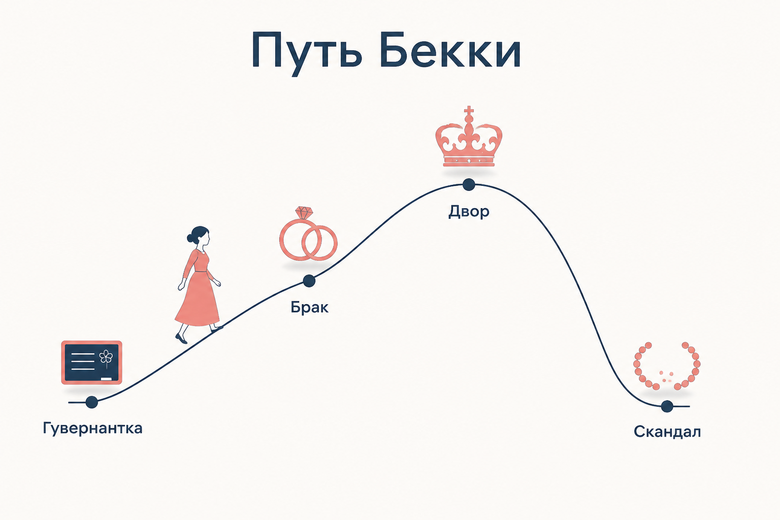 Схема пути Бекки Шарп: от гувернантки через брак к представлению при дворе и падению после скандала