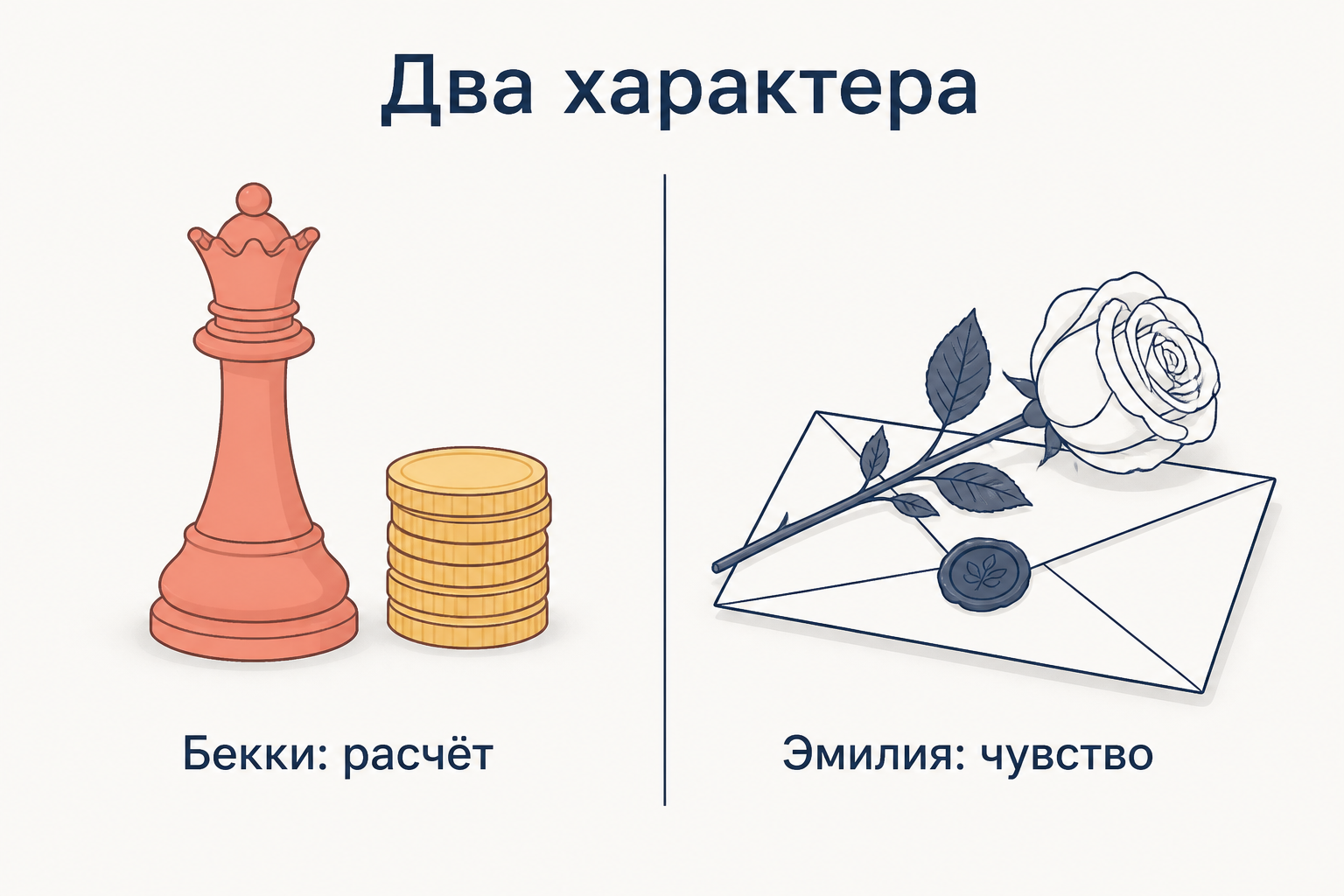 Сопоставление характеров: шахматная королева и монеты у Бекки, роза и письмо у Эмилии