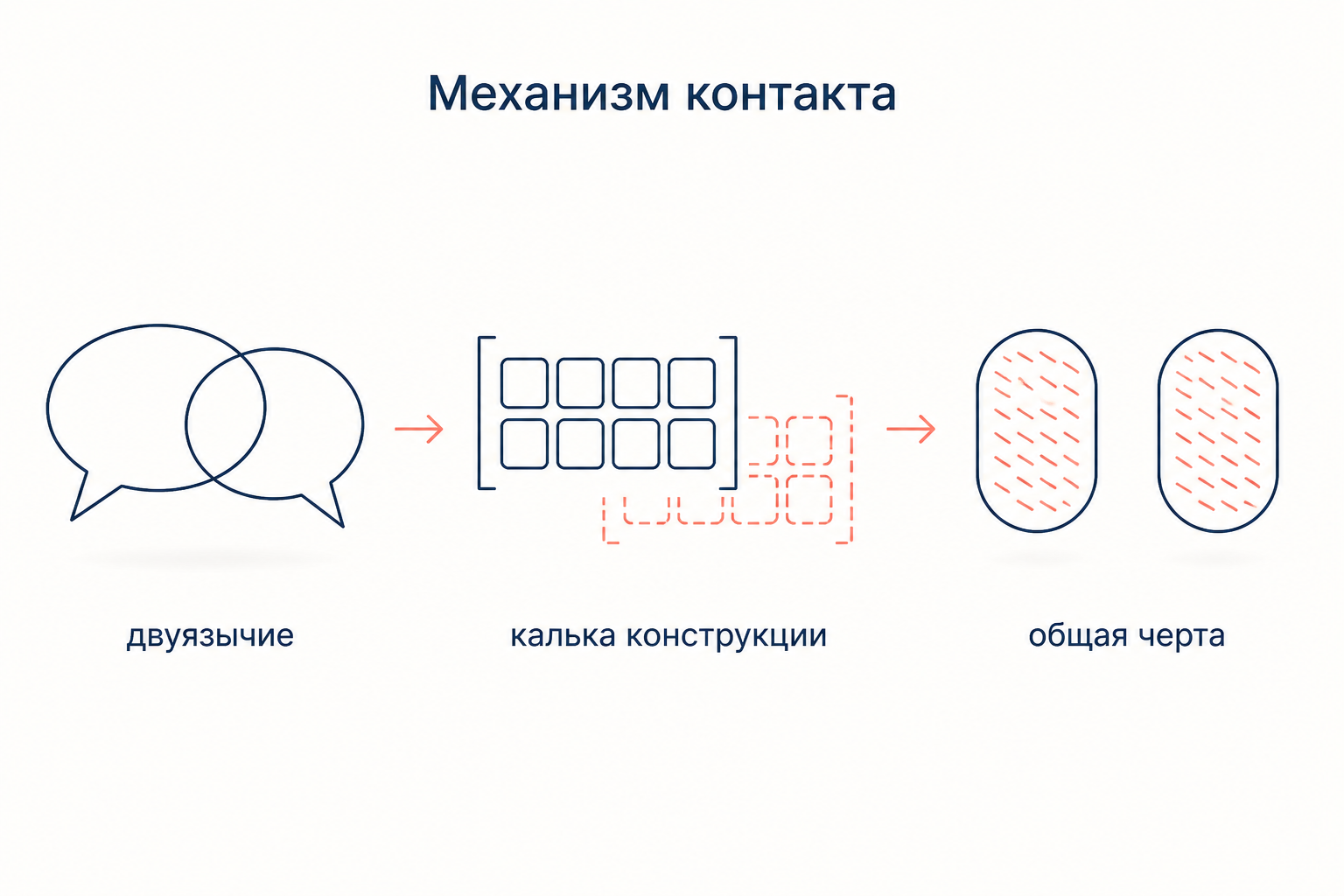 Схема механизма: двуязычие приводит к копированию конструкции, а затем к общей грамматической черте у соседних языков.