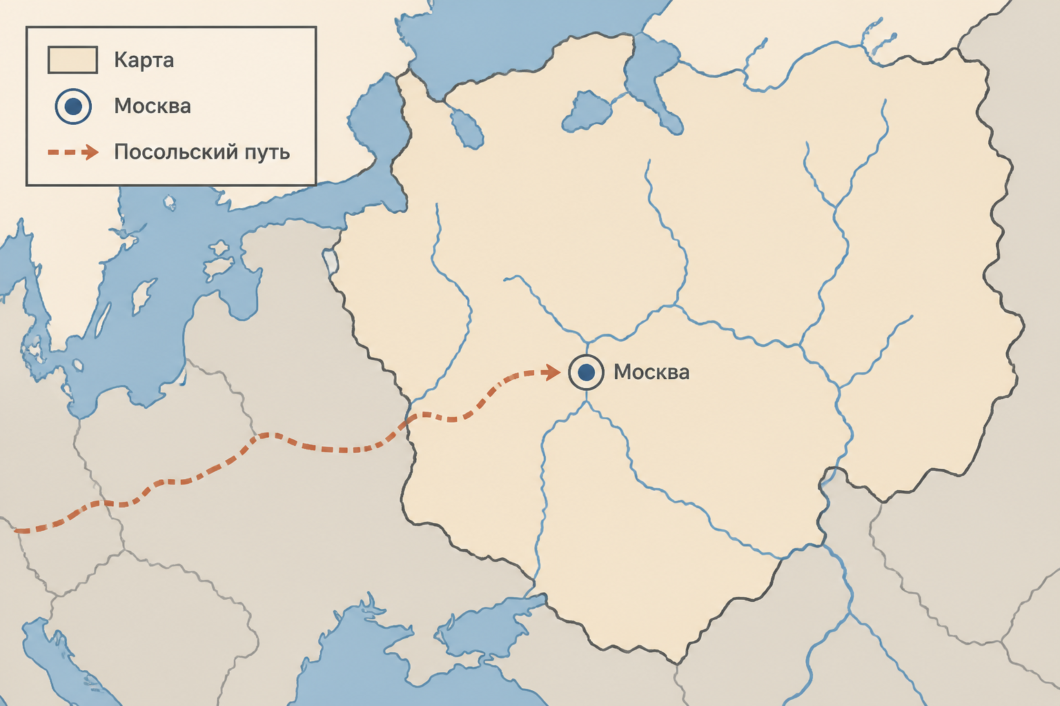 Карта Московии XVI века: Москва в центре, посольский путь и соседние земли вокруг