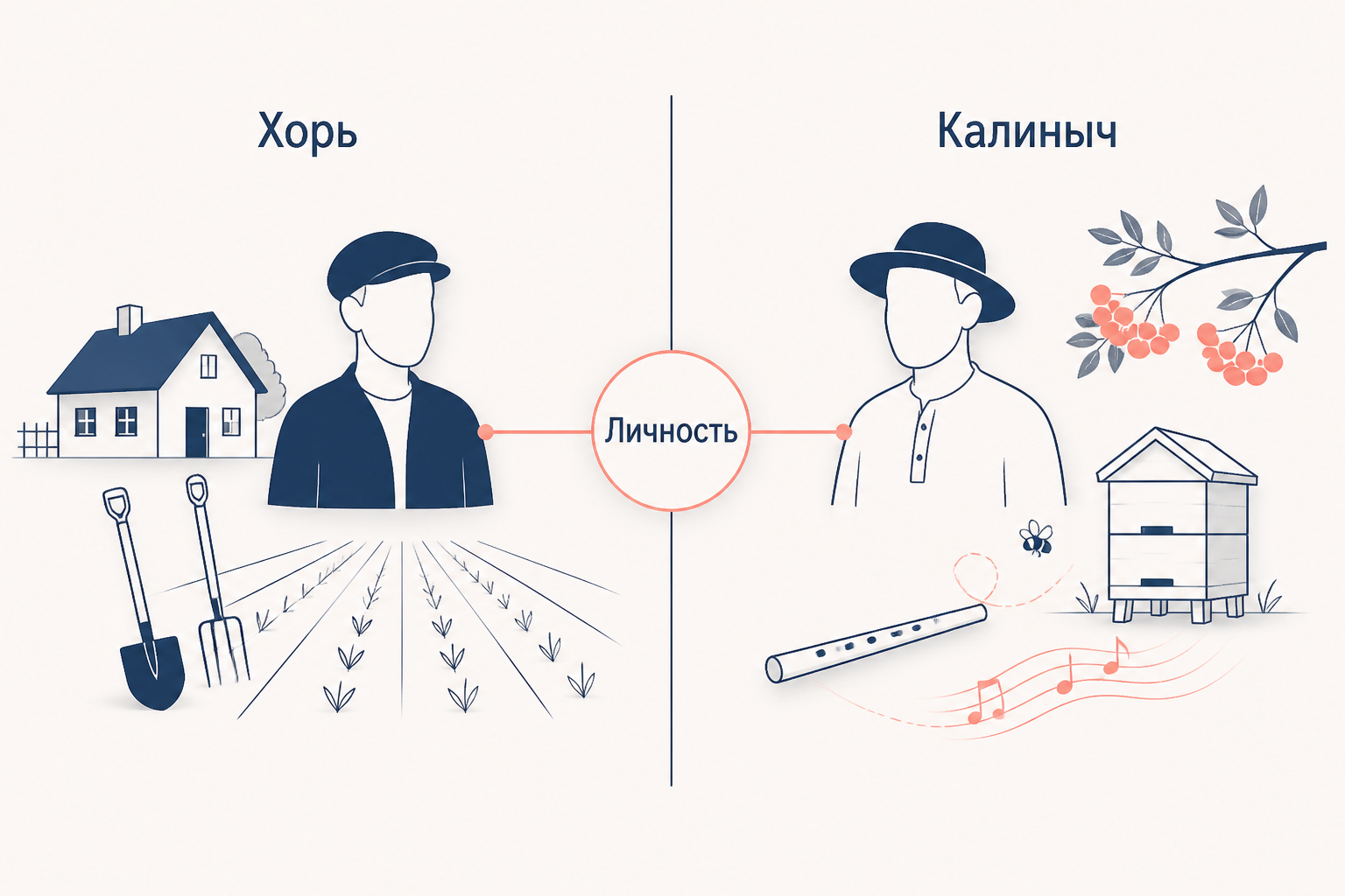 Схема цикла: рассказчик-охотник идёт по дороге и соединяет мир усадьбы, деревни и природы