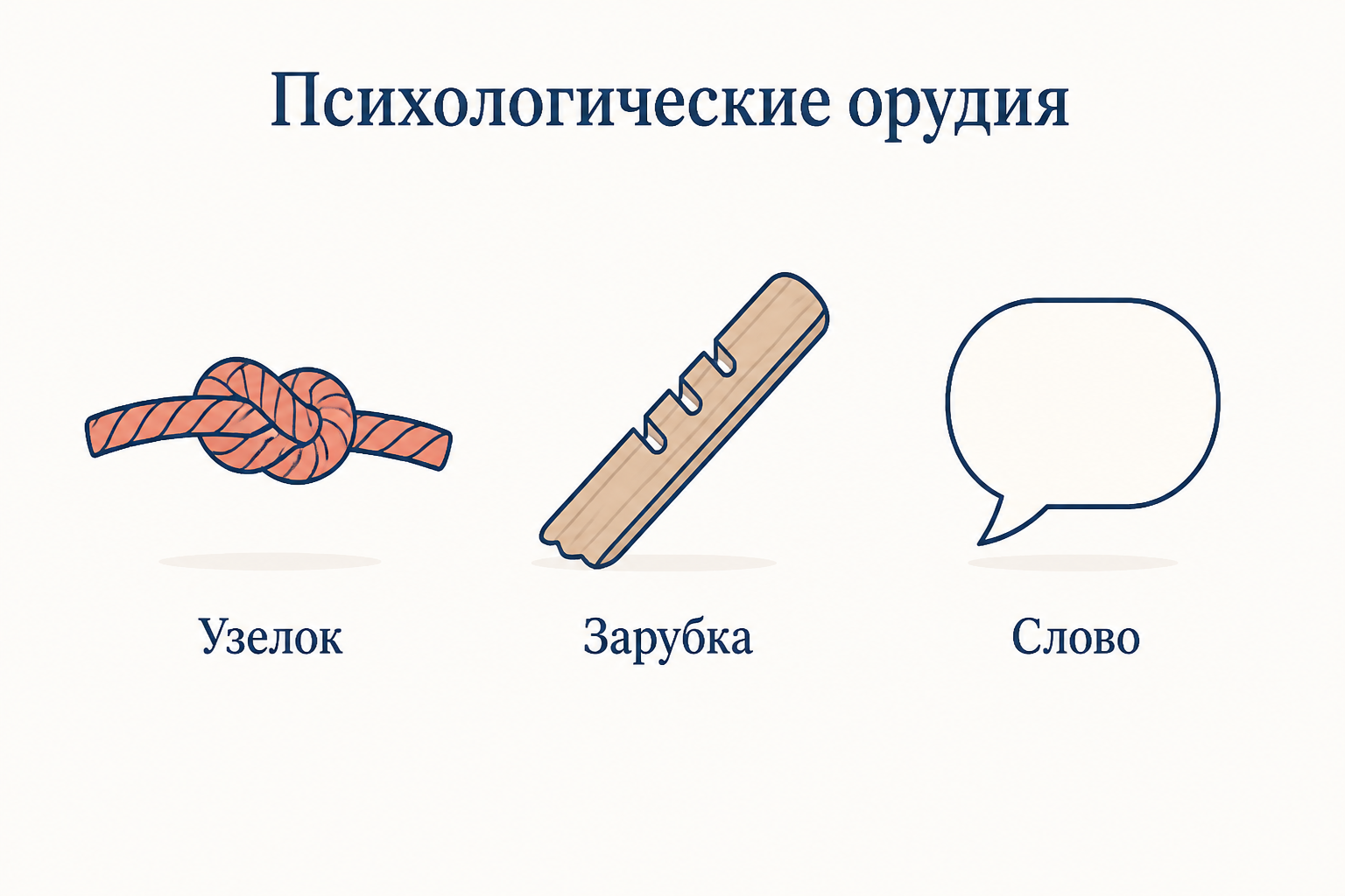 Три примера психологических орудий: узелок на память, палка с зарубками и слово в речевом облаке