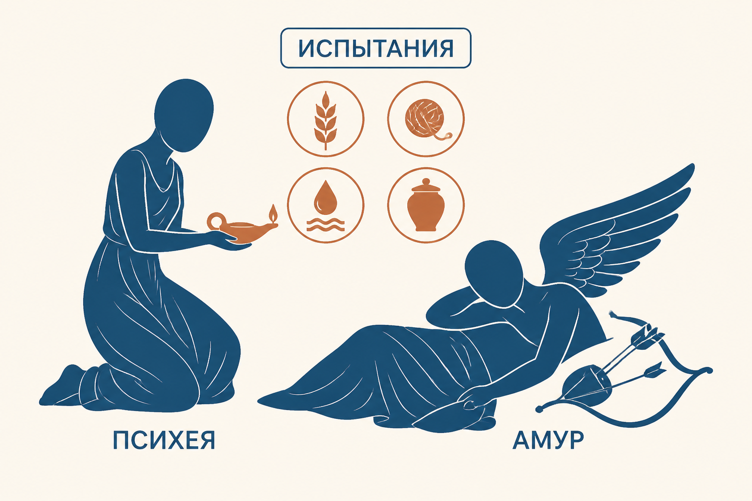 Психея с лампой у спящего Амура, вокруг показаны четыре испытания как небольшие символы