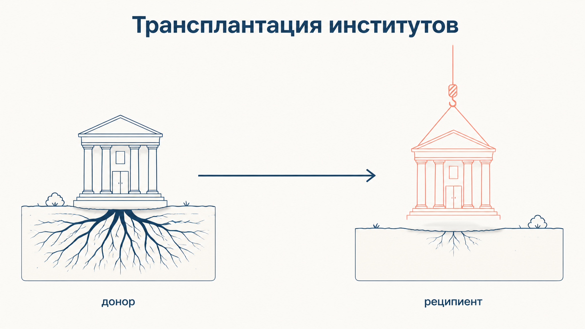 Схема пересадки института: институт донора переносится в среду реципиента, где ему нужны собственные корни в виде судов, реестров и кадров